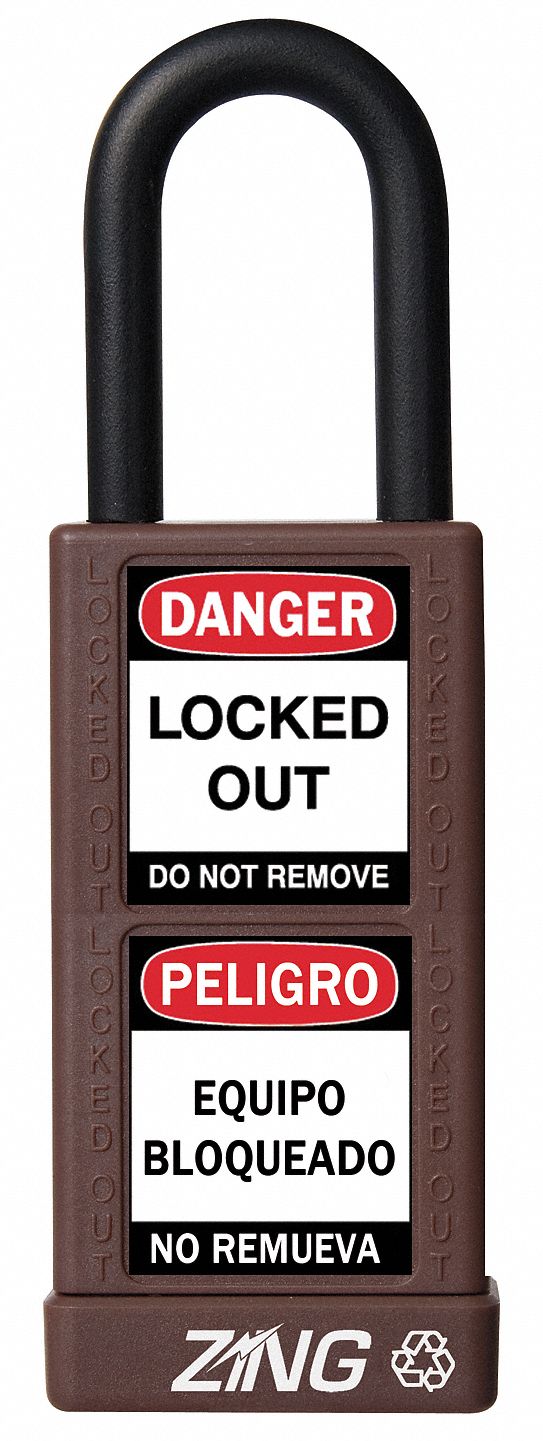 Lockout Padlock: Keyed Different, Aluminum, Long Body Body Size, Steel, Std, Brown, 1 Pack Size