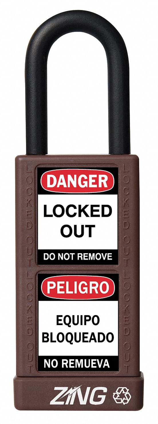 Lockout Padlock: Keyed Alike, Aluminum, Long Body Body Size, Steel, Std, Brown, 1 Pack Size