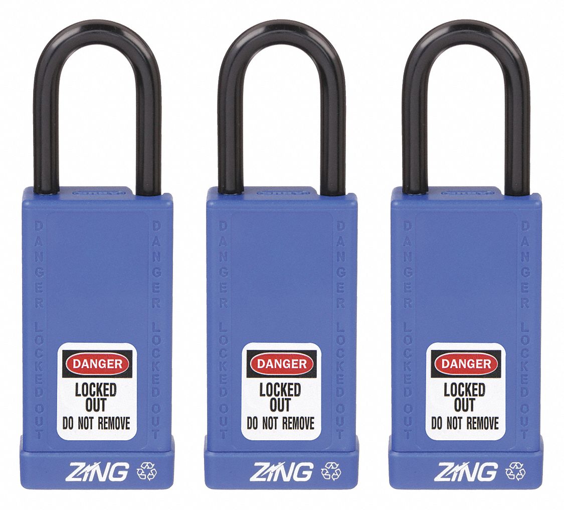 Lockout Padlock: Keyed Alike, Aluminum, Long Body Body Size, Steel, Std, Blue, 3 Pack Size