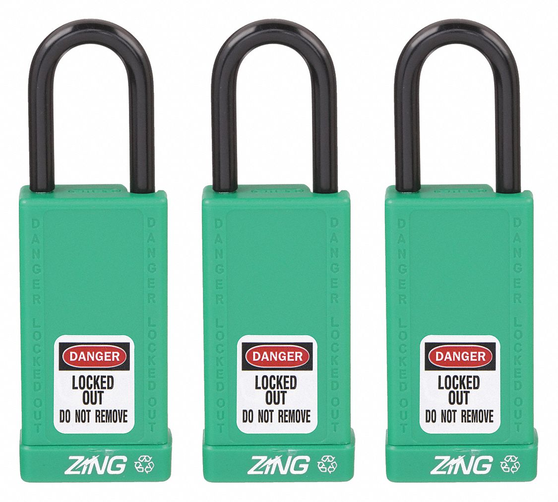 Lockout Padlock: Keyed Alike, Aluminum, Long Body Body Size, Steel, Std, Green, 3 Pack Size