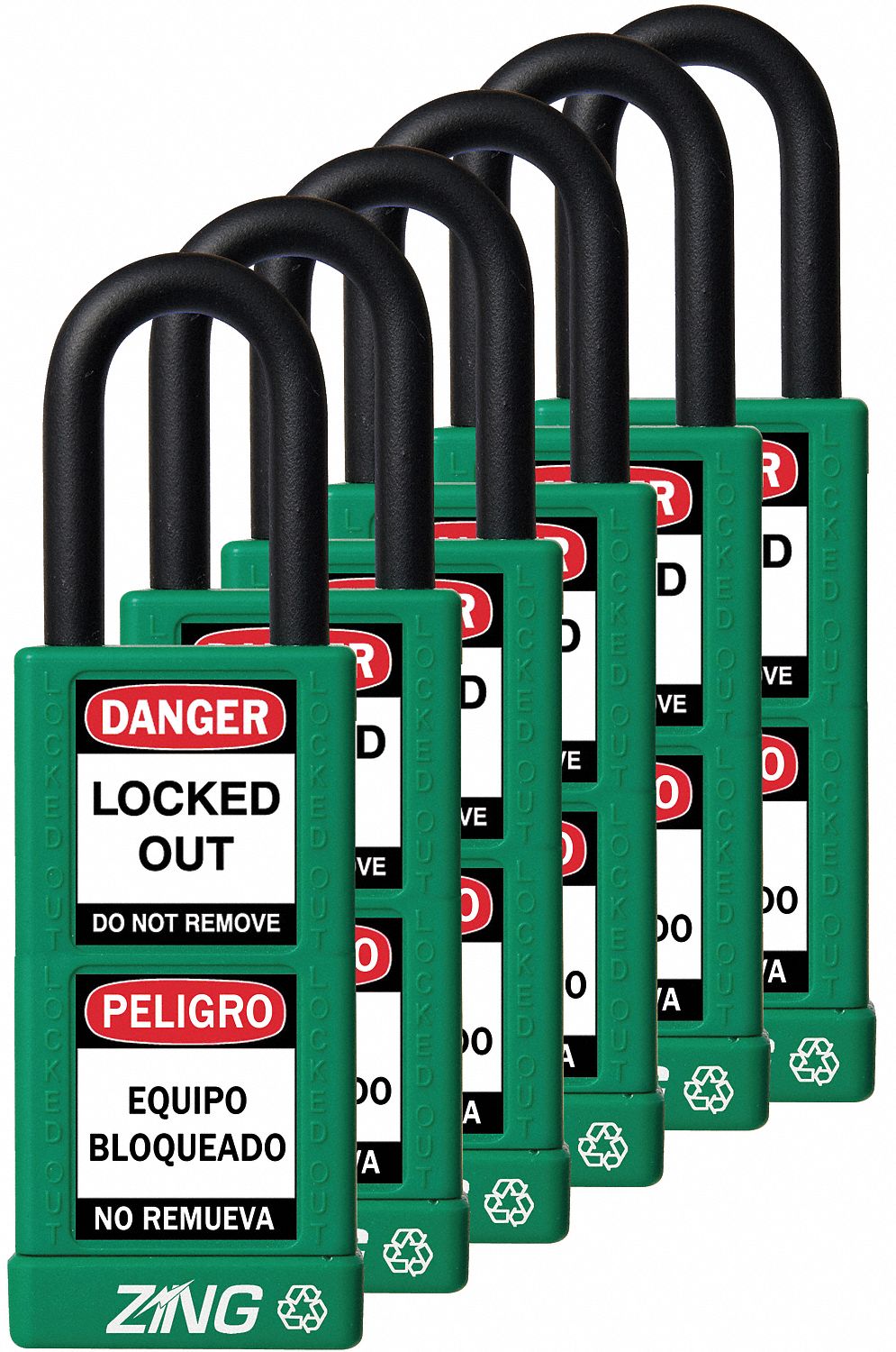 Lockout Padlock: Keyed Alike, Aluminum, Long Body Body Size, Steel, Std, Green, 6 Pack Size