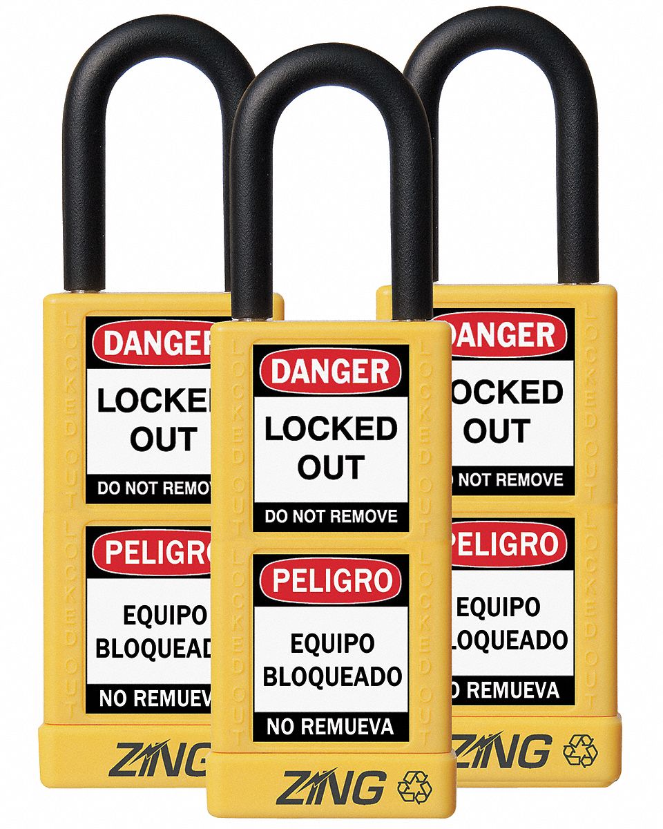 Lockout Padlock: Keyed Alike, Aluminum, Long Body Body Size, Steel, Std, Yellow, 3 Pack Size