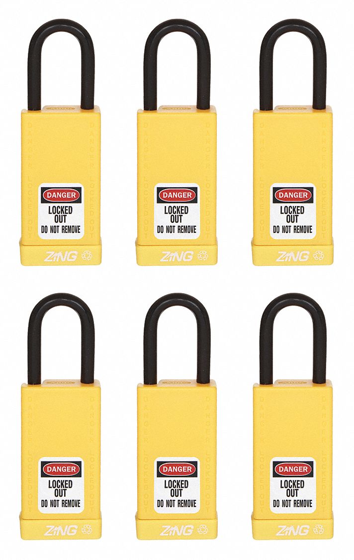 Lockout Padlock: Keyed Alike, Aluminum, Long Body Body Size, Steel, Std, Yellow, 6 Pack Size