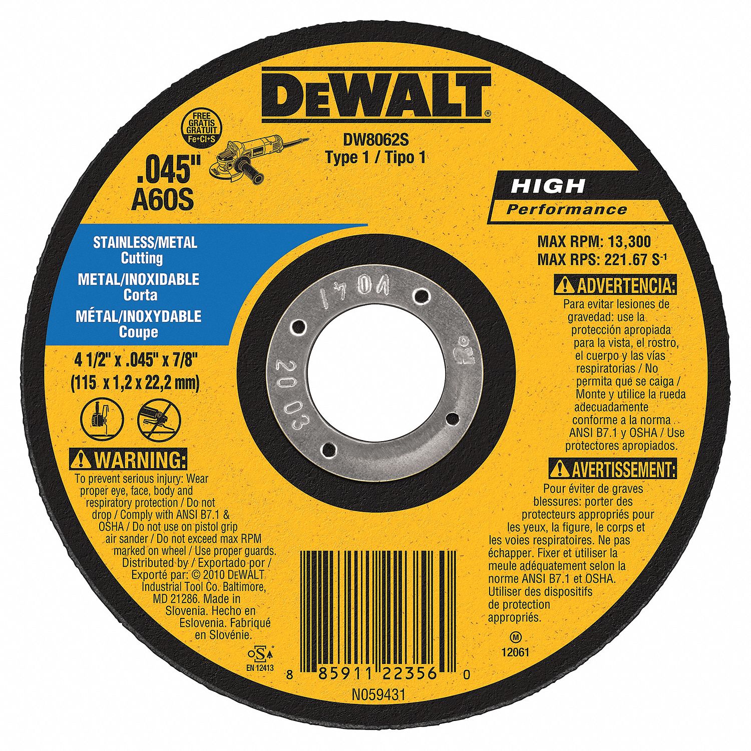 DEWALT 4 1/2 in, Type 1 Aluminum Oxide Abrasive CutOff Wheel, 7/8 in