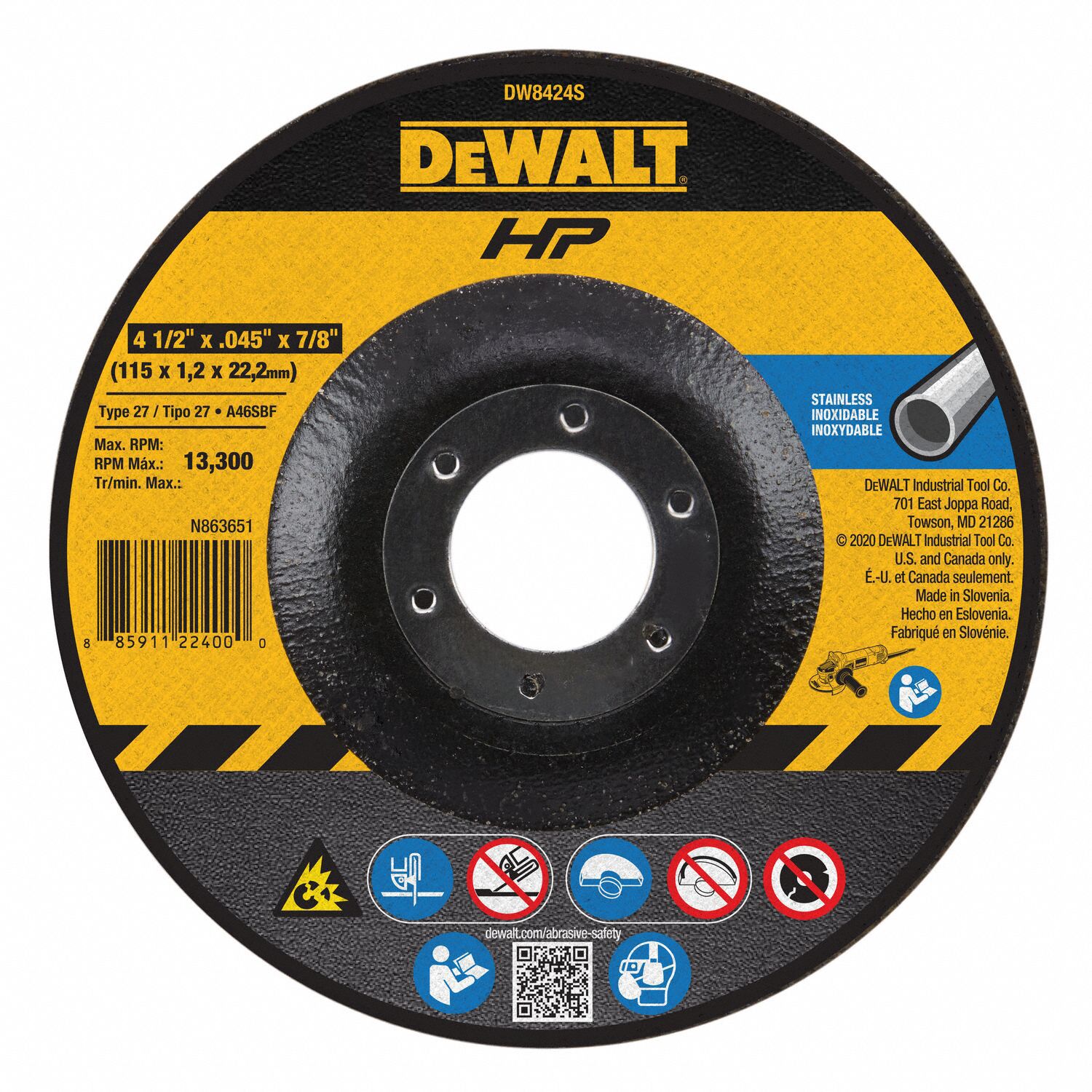 DEPRESSED CENTRE CUT-OFF WHEEL, TYPE 27, 4½ IN X 0.045 IN X ⅞ IN, ALUMINUM OXIDE, 60 GRIT