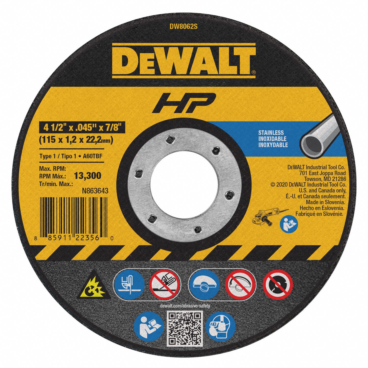 ABRASIVE CUT-OFF WHEEL, TYPE 1, 4½ IN X 0.045 IN X ⅞ IN, ALUMINUM OXIDE, 60 GRIT, A60S