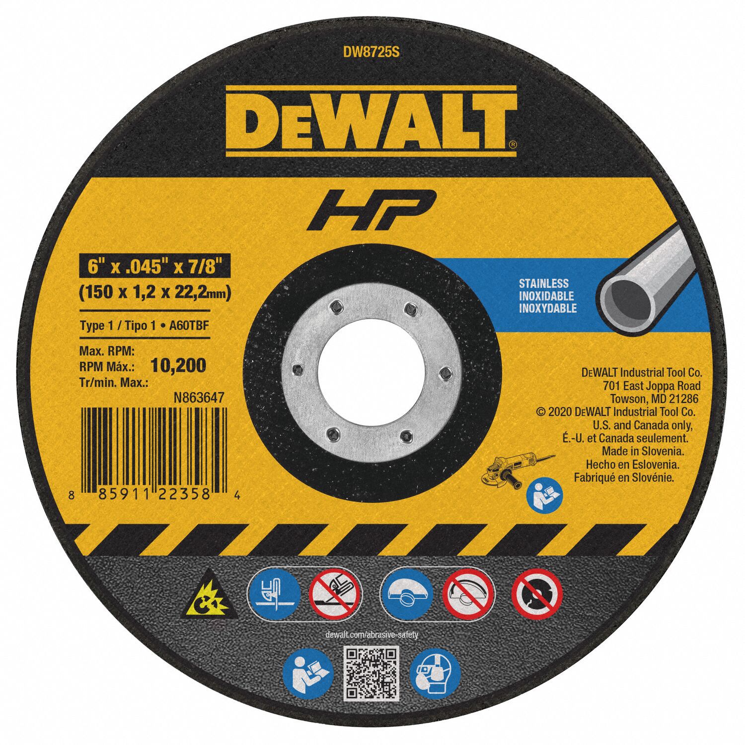 ABRASIVE CUT-OFF WHEEL, TYPE 1, 6 IN X 0.045 IN X ⅞ IN, ALUMINUM OXIDE, 60 GRIT, A60S