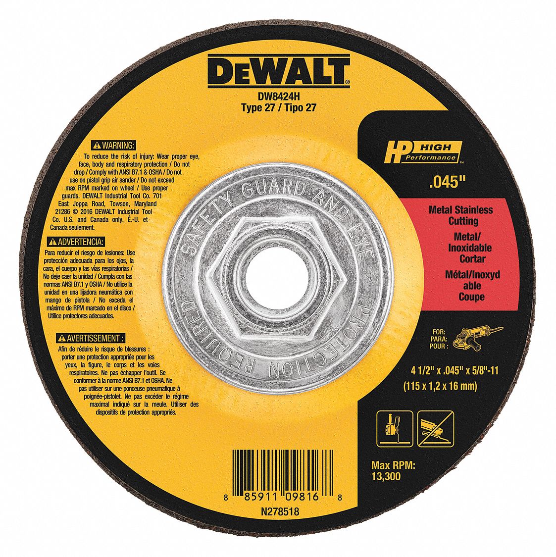Dewalt Type 27 Aluminum Oxide Depressed Center Wheels 4 1 2 In 5 8 11 Arbor Hole Size 6tmr3 Dw8424h Grainger
