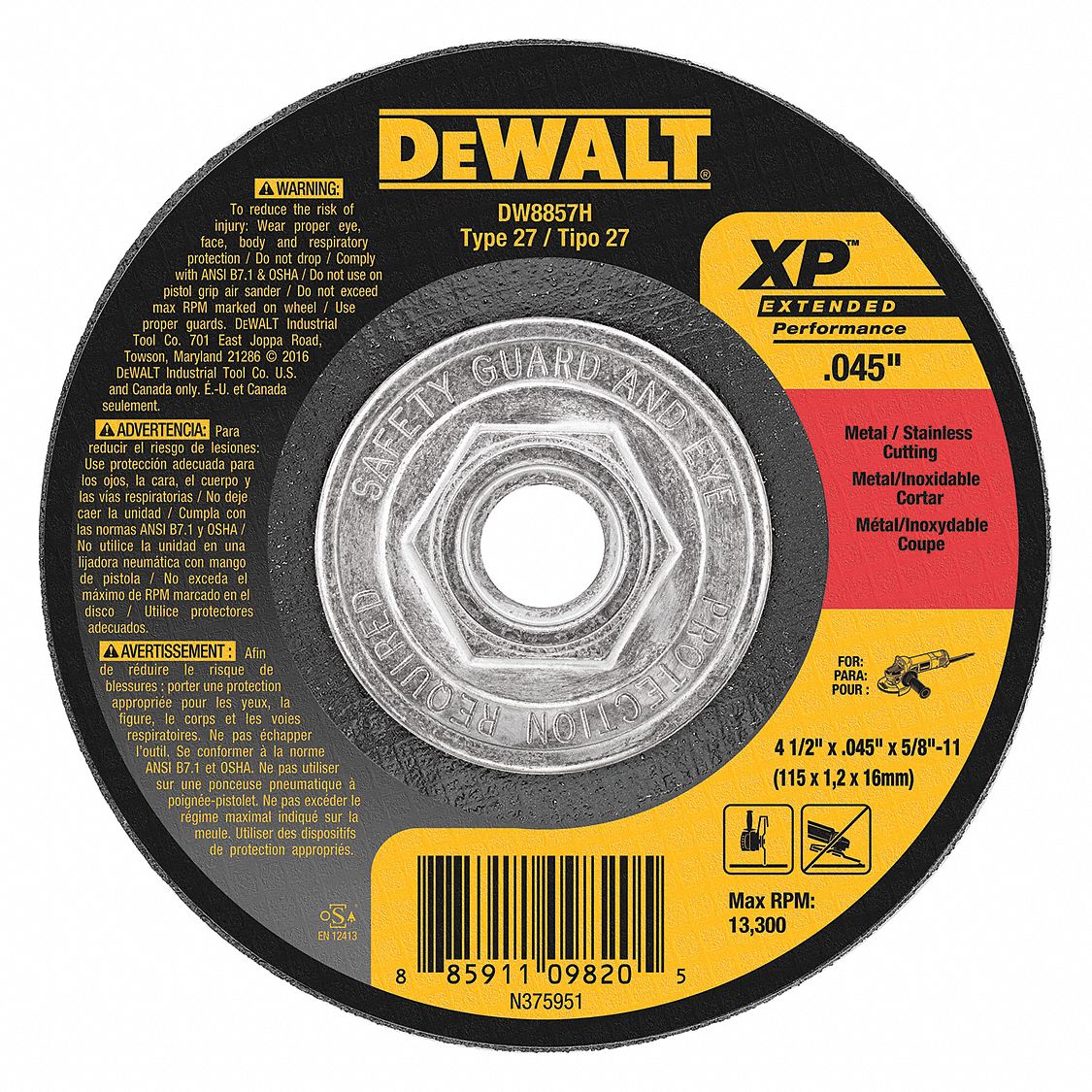 Dewalt 4-1/2'' X .045'' X 7/8'' Metal Cut-Off Wheel-10 Pack