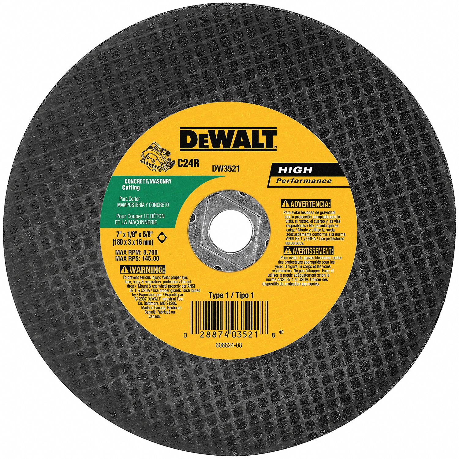 DEWALT Disco de Corte Abrasivo High Performance 7" Grano 24 para Concreto, Mampostería y Asfalto - Ruedas Abrasivas Corte y Desabaste - 6TMT1 | DW3521 - Grainger México