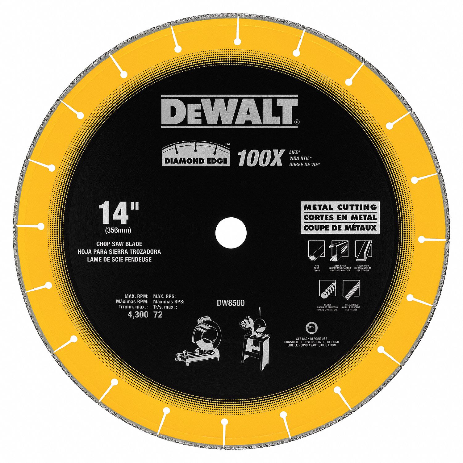 DIAMOND SAW BLADE, SEGMENTED, 14 IN DIA, 1 IN, 0.11 IN ARBOUR, DRY, 4300 RPM, FOR CHOP SAW