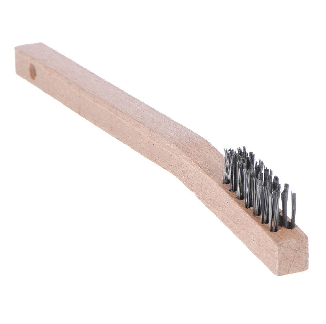 Scratch Brush: Curved Handle, Carbon Steel, Wood, 1 1/8 in Brush Lg, 7 in Handle Lg