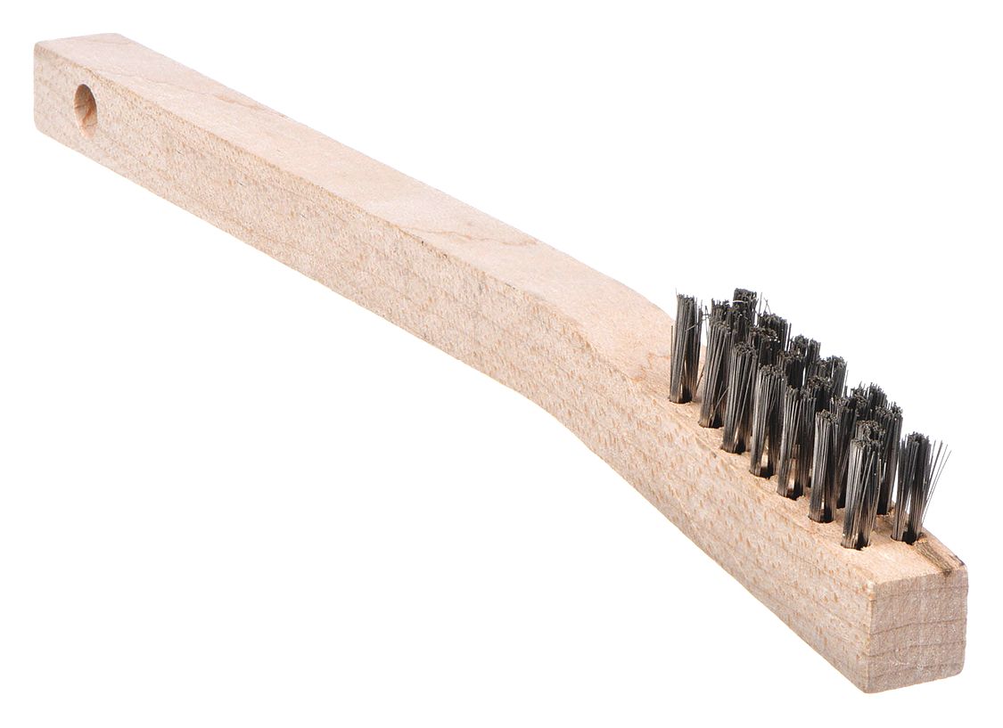 Scratch Brush: Curved Handle, Stainless Steel, Wood, 1 1/8 in Brush Lg, 7 in Handle Lg