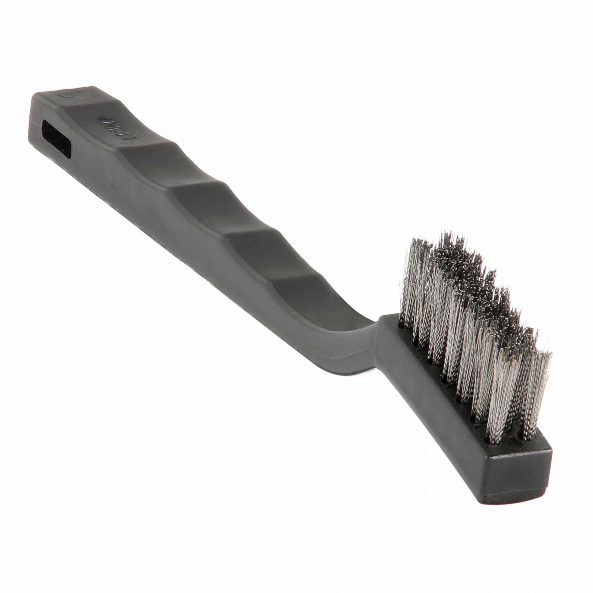 Scratch Brush: Curved Handle, Stainless Steel, Plastic, 1 1/8 in Brush Lg, 7 in Handle Lg