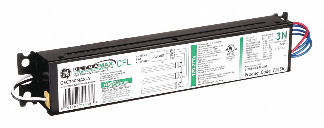 CFL BALLAST, COMPACT FLUORESCENT, 120 TO 277V AC, 3 BULBS, 40 W BULB MAX