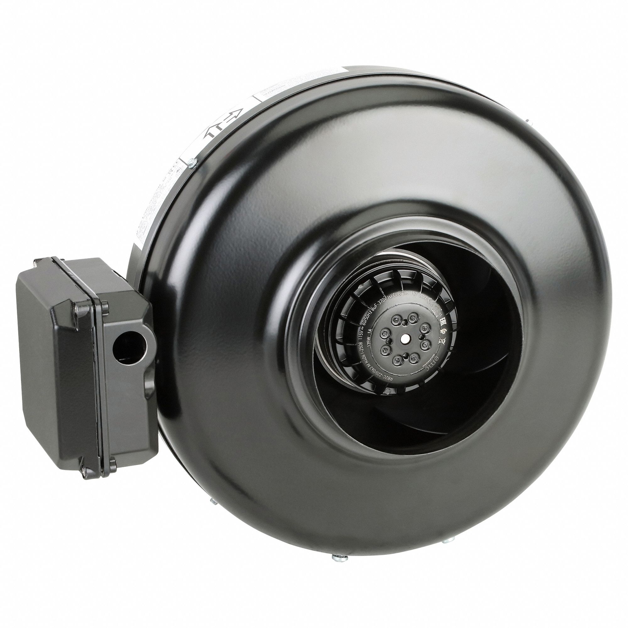 In-Line Duct Fan: 390 cfm Max., 6 in Duct, 130 W, 120V AC, 1 Ph, IP44, Galvanized Steel