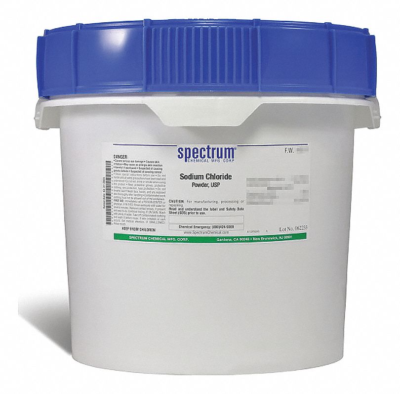 Sodium Chloride: USP, 12 kg, 7647-14-5, Reagent, Powder, Drum, Plastic, 36 mo Shelf Life, 1