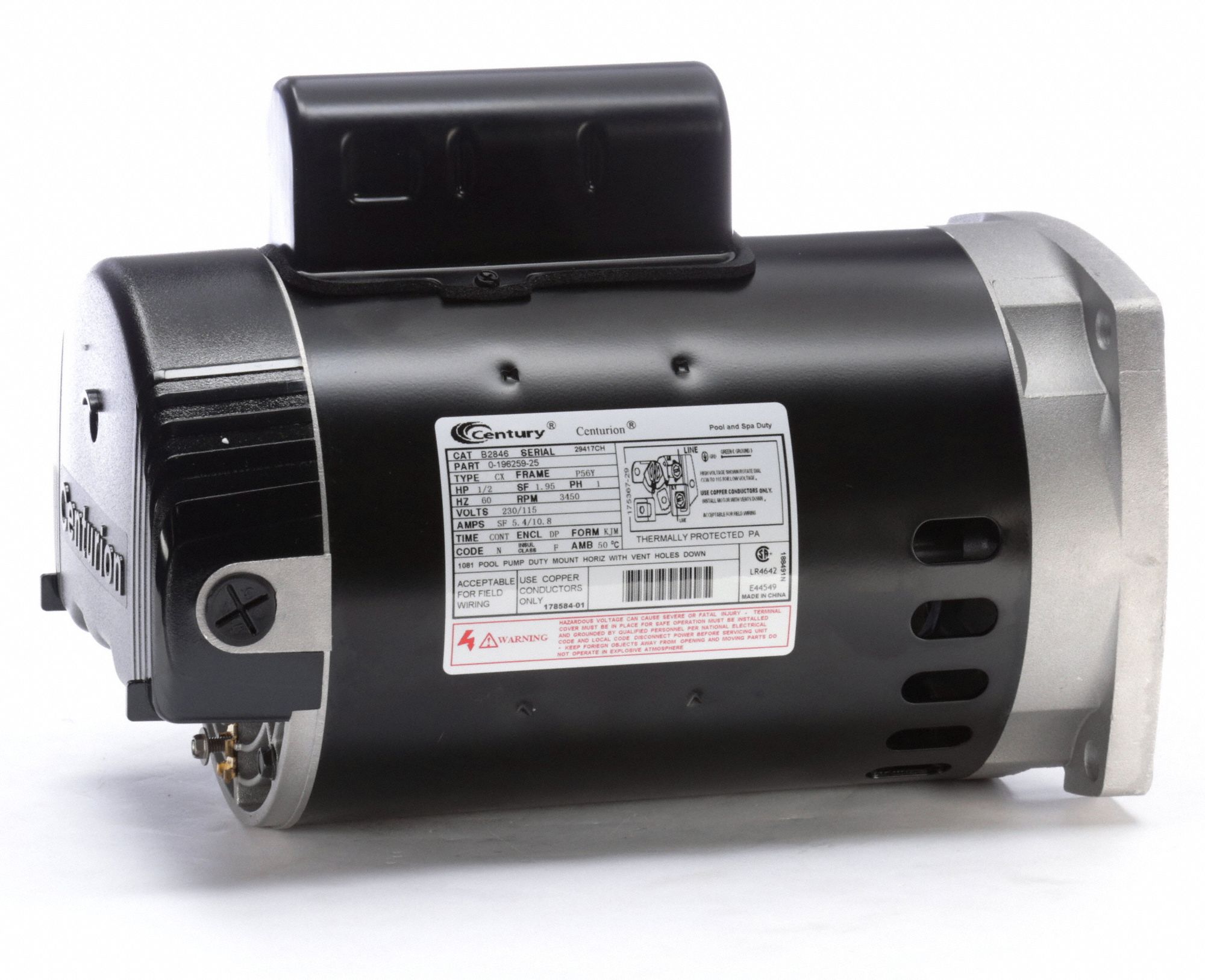 CENTURY Pool Pump Motor, 1/2 HP, Permanent Split Capacitor, Nameplate