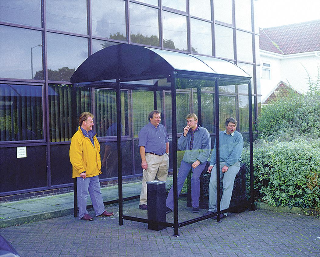 Freestanding Smoking Shelter: 4 Sides, 84 in x 42 in x 95 in, Aluminum, Black, Includes Seating