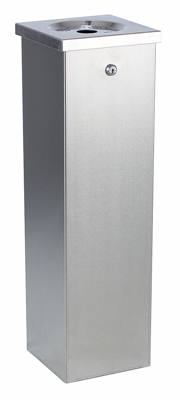 Cigarette Receptacle: 1 3/4 gal Capacity, 29 in Ht, 8 in Wd, 8 in Base Dia., Silver