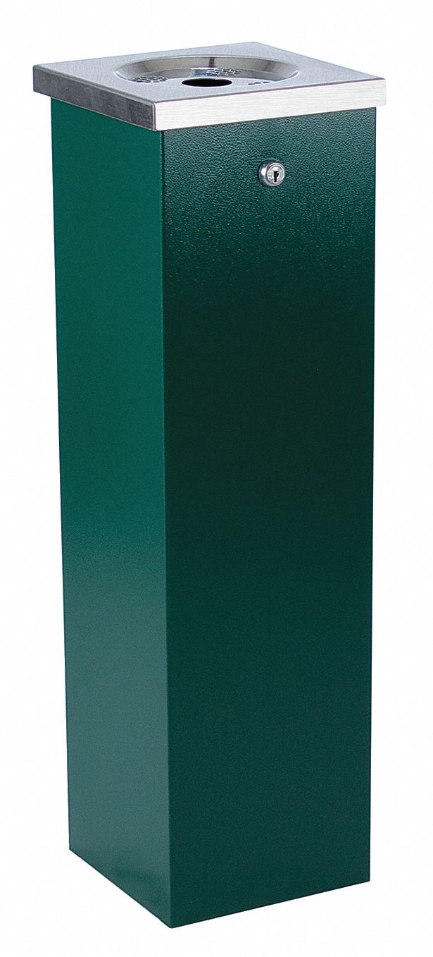 Cigarette Receptacle: 1 3/4 gal Capacity, 29 in Ht, 8 in Wd, 8 in Base Dia., Green