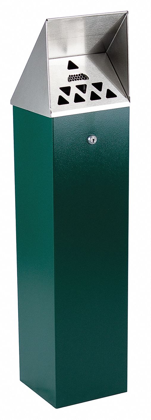 Cigarette Receptacle: 1 3/4 gal Capacity, 35 in Overall Ht, 8 in Overall Wd, Green