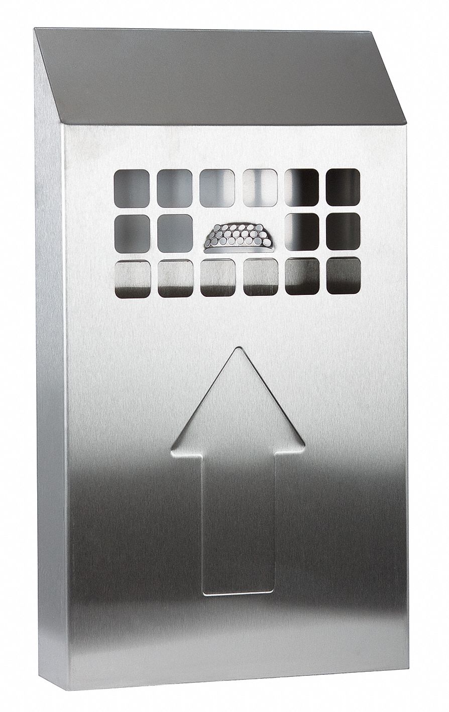 Cigarette Receptacle: 1/2 gal Capacity, 18 in Ht, 10 in Wd, 10 in Base Dia., Silver