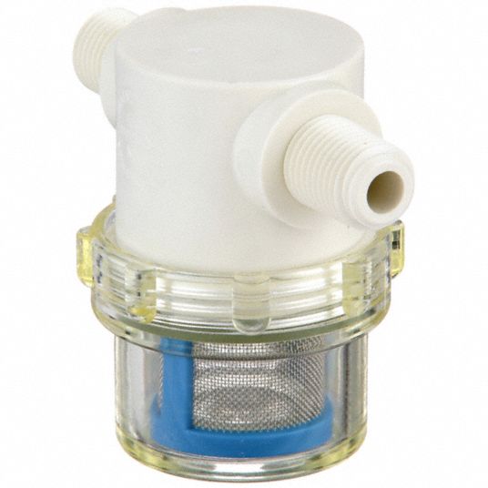 RON-VIK Inline Strainer: Nylon, 1/4 in, NPT, 48 mesh, 100 psi @ 125°F, 2  7/16 in Ht, 3 in Lg, Clear