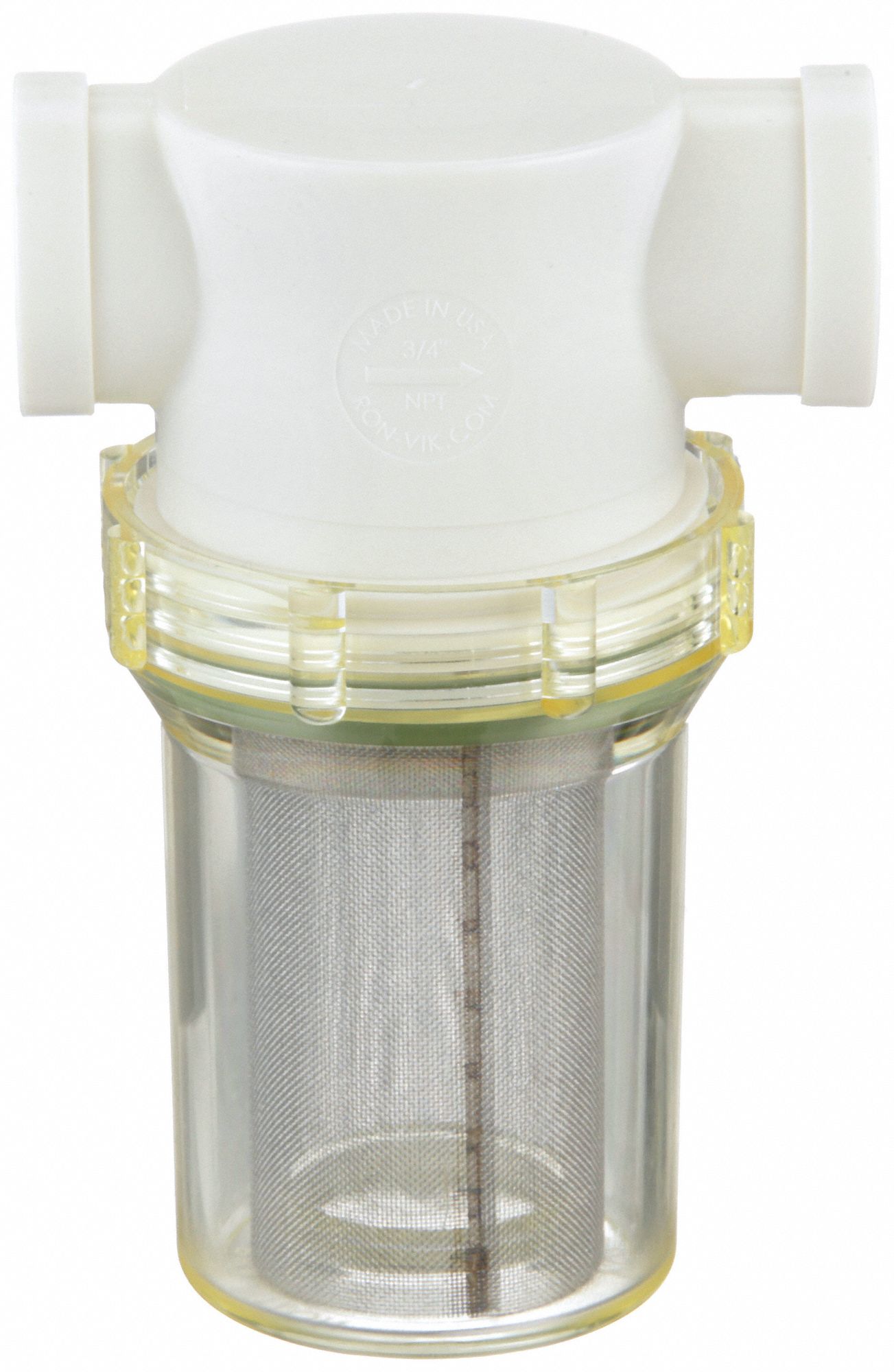 RONVIK Inline Strainer Nylon, 3/4 in, NPT, 48 mesh, 100 psi 125°F, 5 3/8 in Ht, 3 5/8 in Lg