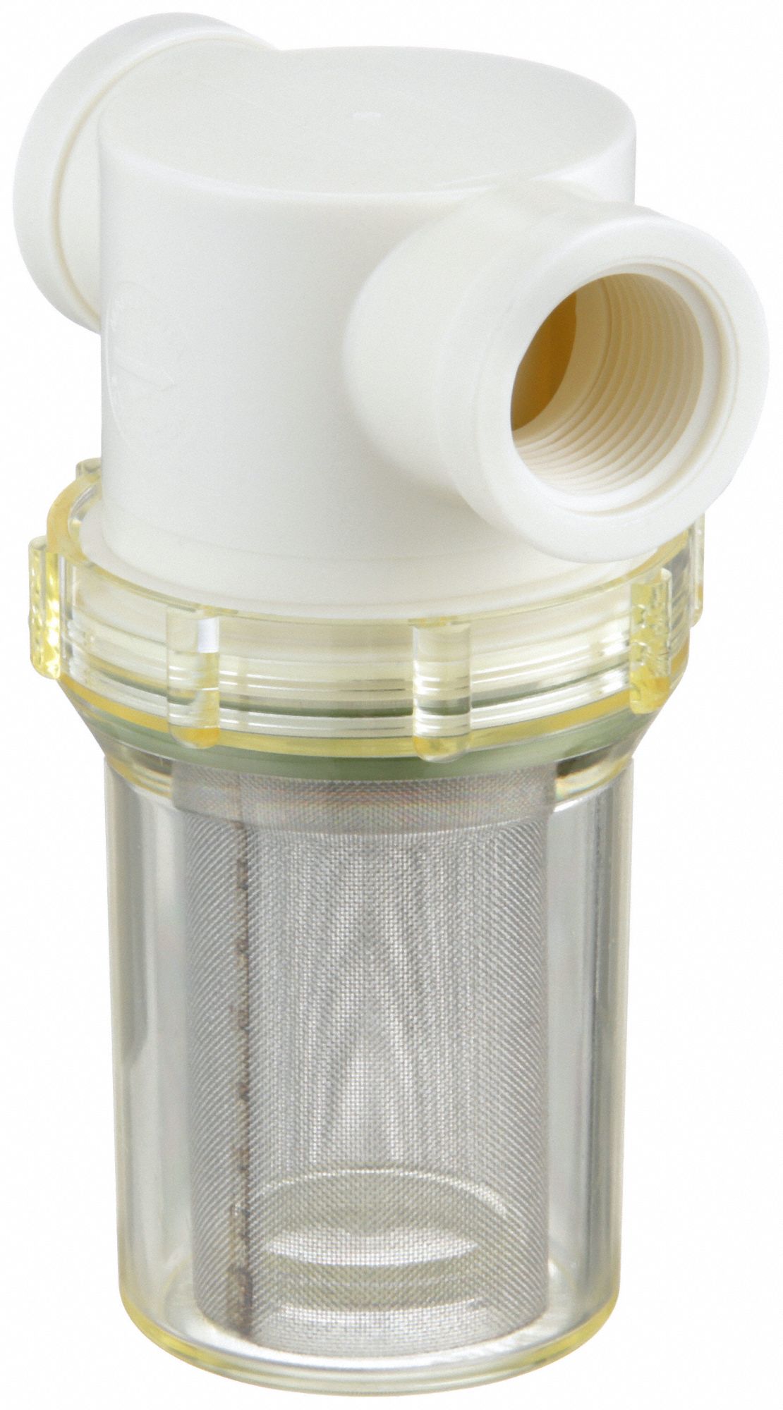 INLINE STRAINER: NYLON, 1 IN, NPT, 48 MESH, 100 PSI AT 125 ° F, 6 7/16 IN H, 5 IN L, CLEAR