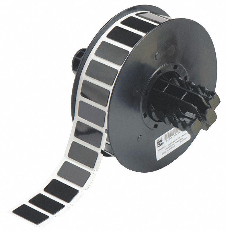 Pre-Cut Label Stock Roll: 31/64 in x 1 1/16 in, Polyester, Black (Gloss), 500 Labels per Roll