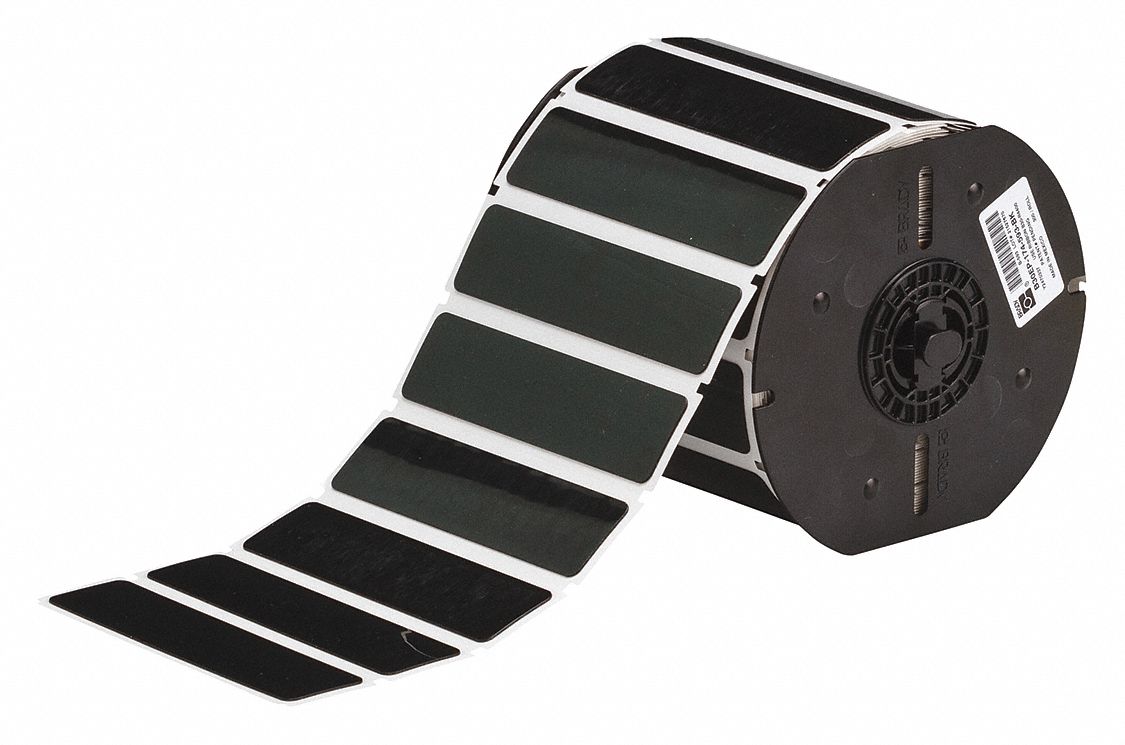 PRECUT LABEL ROLL, NO PRECUT HOLE, 1 IN X 4 IN, POLYESTER, BLACK, GLOSS, 300 LABELS PER ROLL