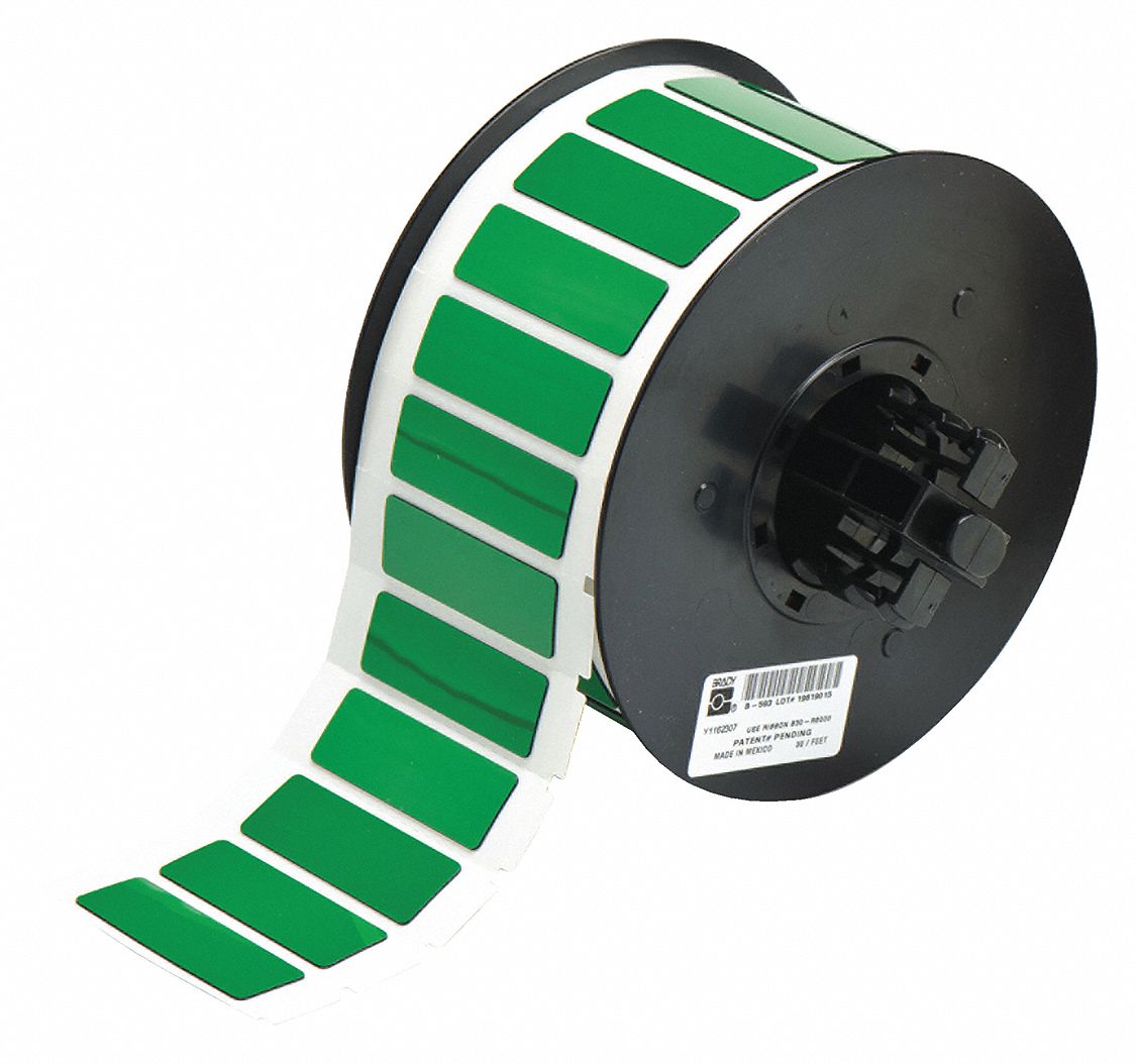Pre-Cut Label Stock Roll: 19/32 in x 1 49/64 in, Polyester, Green (Gloss), 450 Labels per Roll
