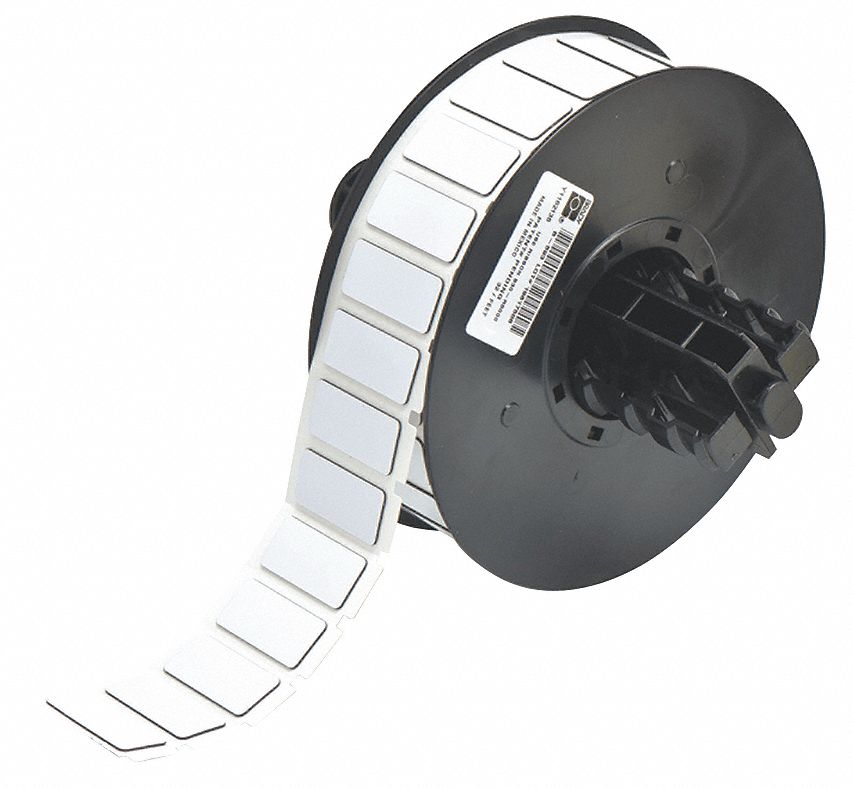 Pre-Cut Label Stock Roll: 31/64 in x 1 1/16 in, Polyester, White (Gloss), 500 Labels per Roll