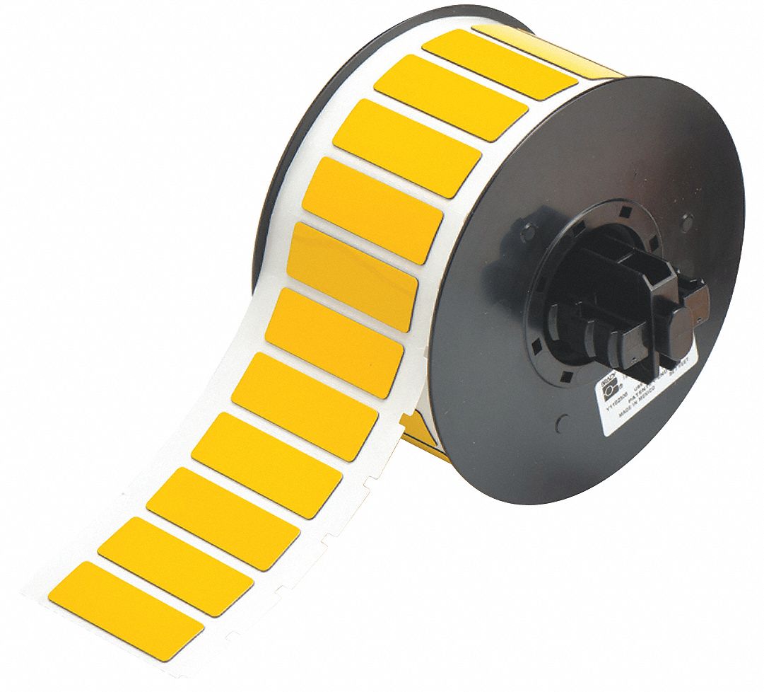 Pre-Cut Label Stock Roll: 19/32 in x 1 49/64 in, Polyester, Yellow (Gloss), 450 Labels per Roll