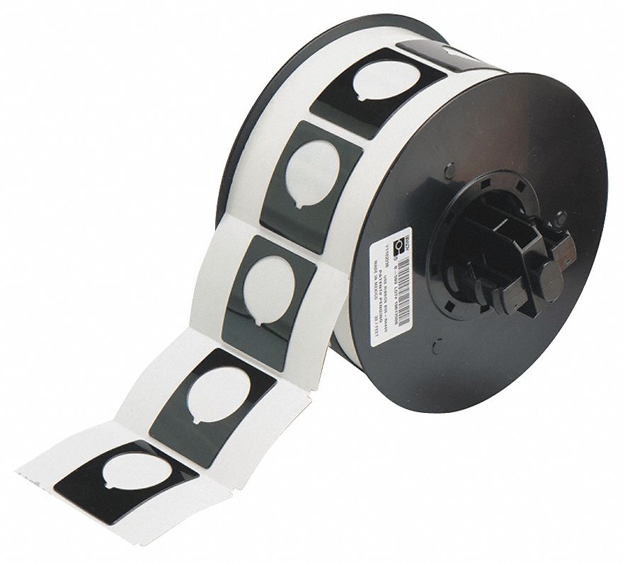 PRECUT LABEL ROLL, CIRCLE WITH NOTCH, 1&frac12; IN X 1 13/64 IN, POLYESTER, BLACK, GLOSS, ADHESIVE