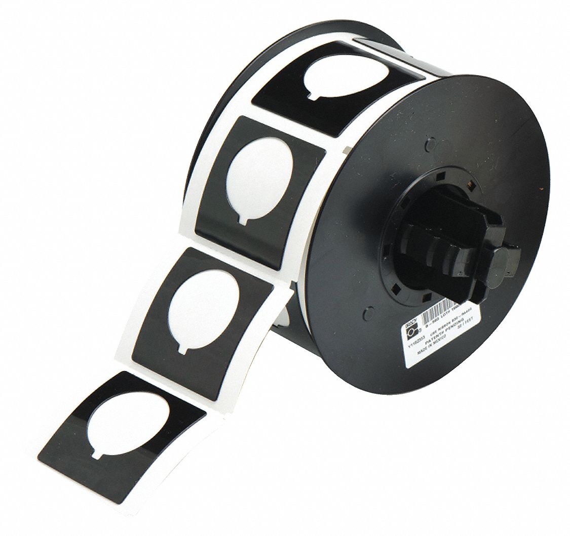 PRECUT LABEL ROLL, CIRCLE WITH NOTCH, 1 51/64 IN X 1 51/64 IN, POLYESTER, BLACK, GLOSS, ADHESIVE