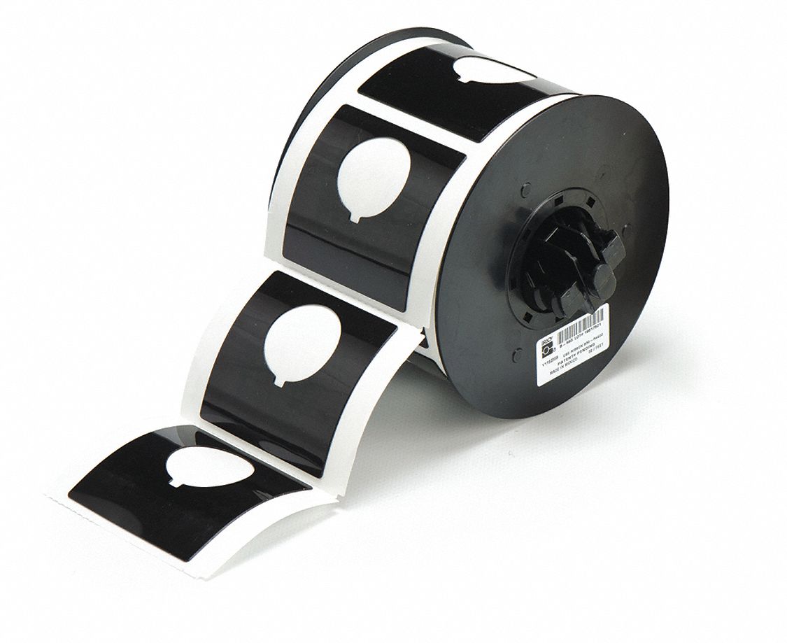 Pre-Cut Label Stock Roll: 2 13/32 in x 2 13/32 in, Polyester, Black (Gloss), 145 Labels per Roll