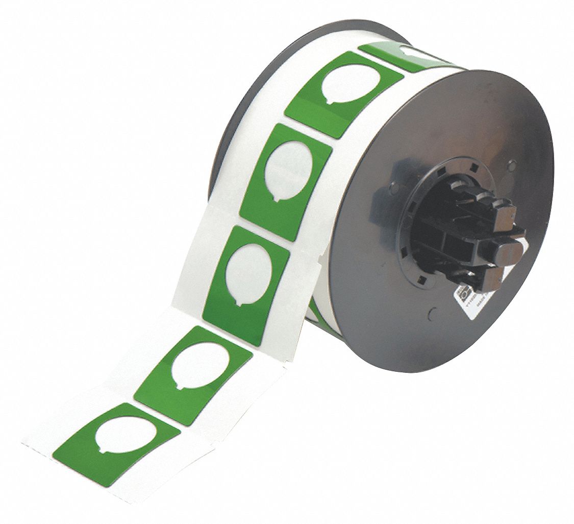 PRECUT LABEL ROLL, CIRCLE WITH NOTCH, 1&frac12; IN X 1 13/64 IN, POLYESTER, GREEN, GLOSS, ADHESIVE