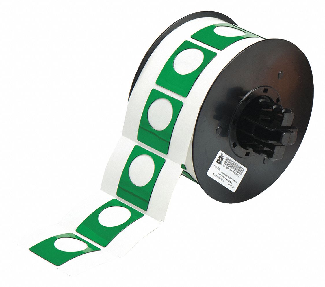 Pre-Cut Label Stock Roll: 1 1/2 in x 1 13/64 in, Polyester, Green (Gloss), 200 Labels per Roll