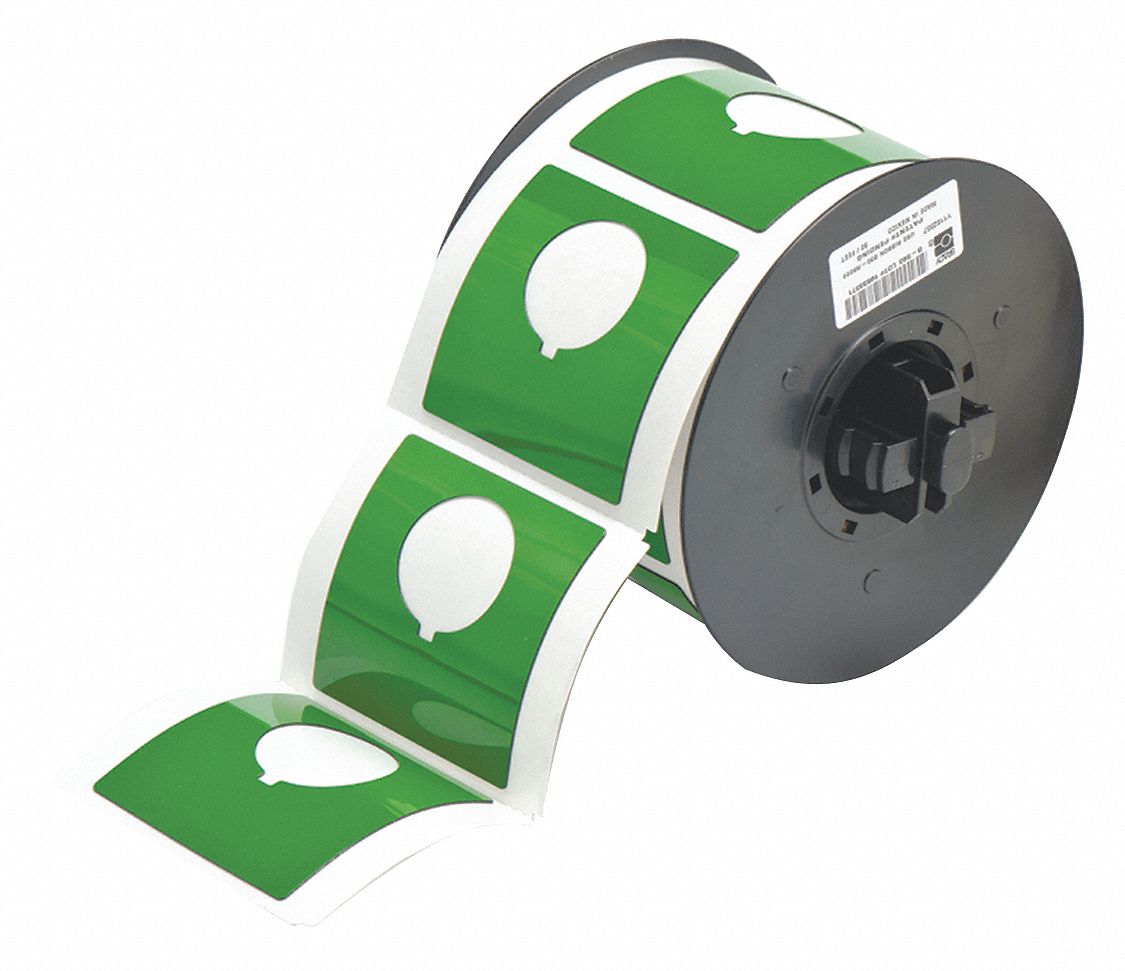 Pre-Cut Label Stock Roll: 2 13/32 in x 2 13/32 in, Polyester, Green (Gloss), 145 Labels per Roll