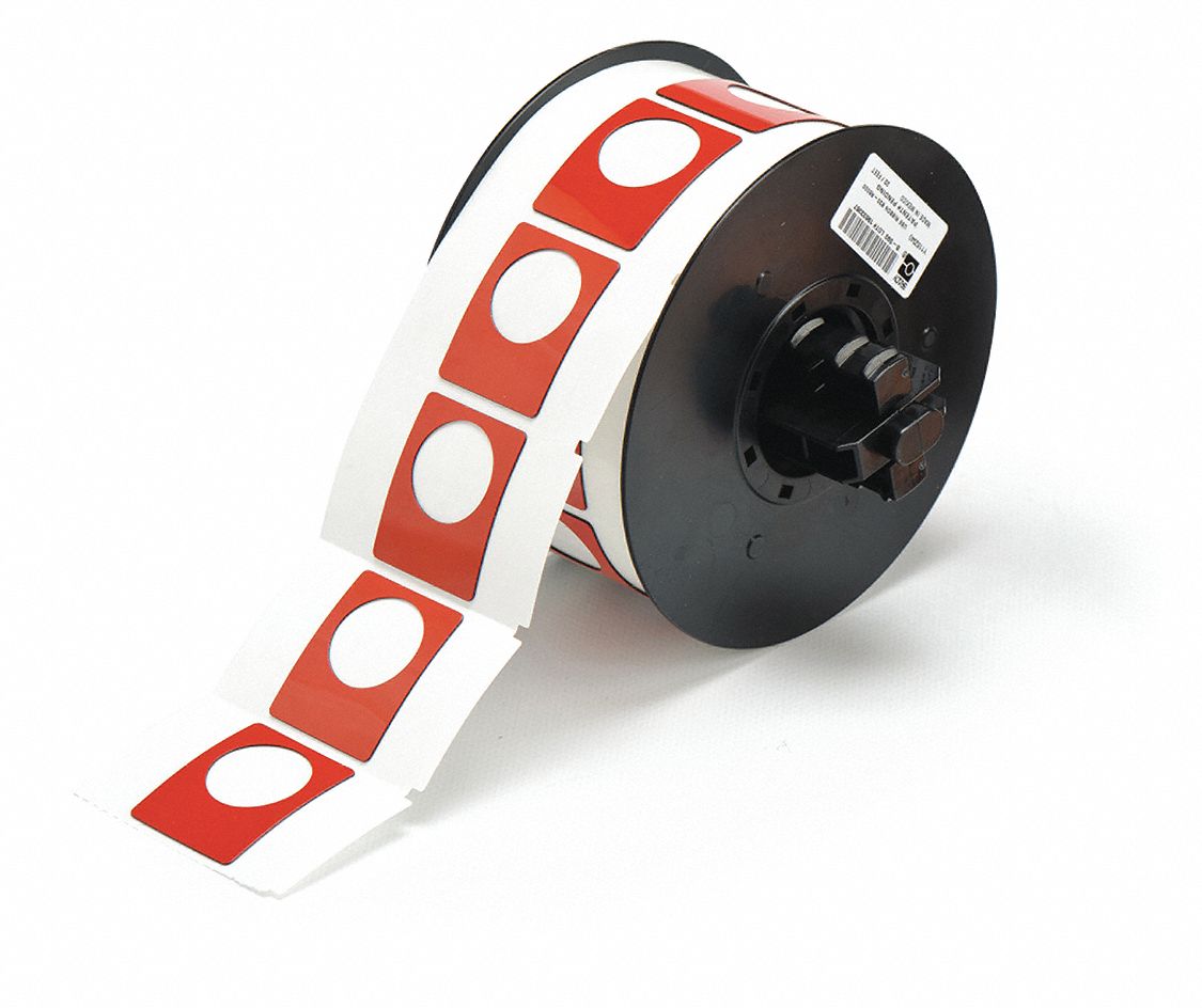 Pre-Cut Label Stock Roll: 1 1/2 in x 1 13/64 in, Polyester, Red (Gloss), 200 Labels per Roll