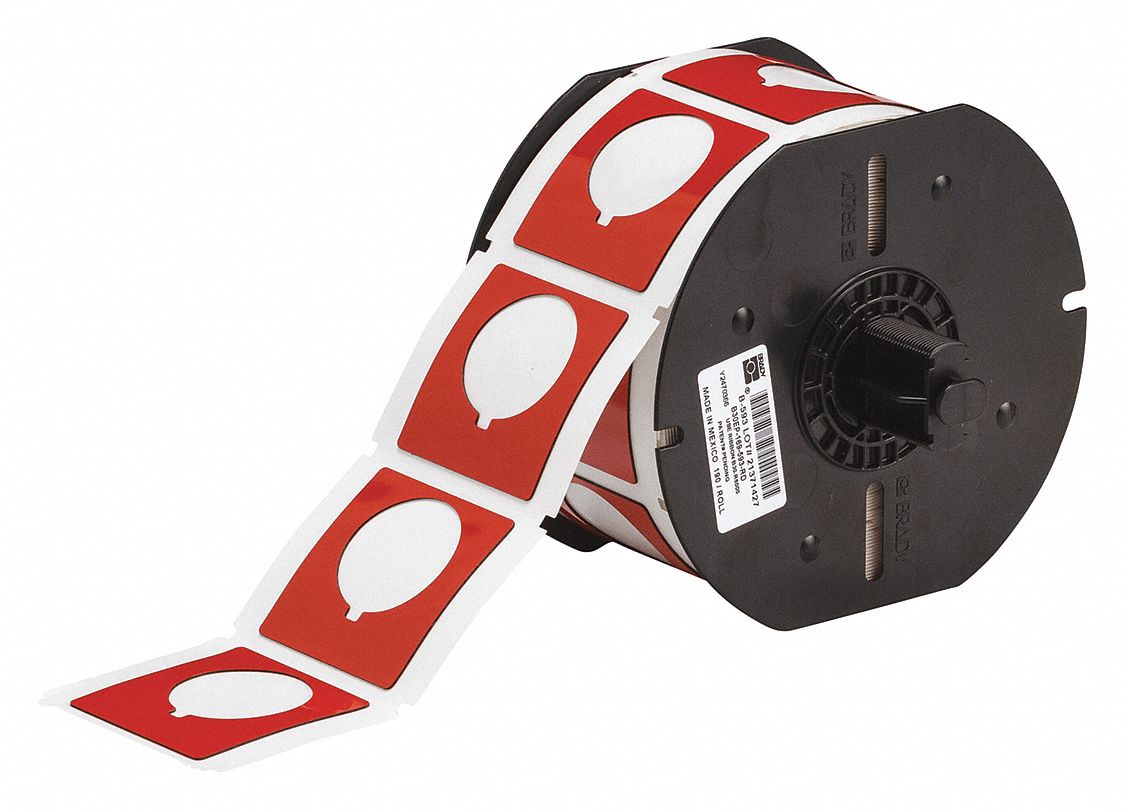 PRECUT LABEL ROLL, CIRCLE WITH NOTCH, 1 51/64 IN X 1 51/64 IN, POLYESTER, RED, GLOSS, ADHESIVE