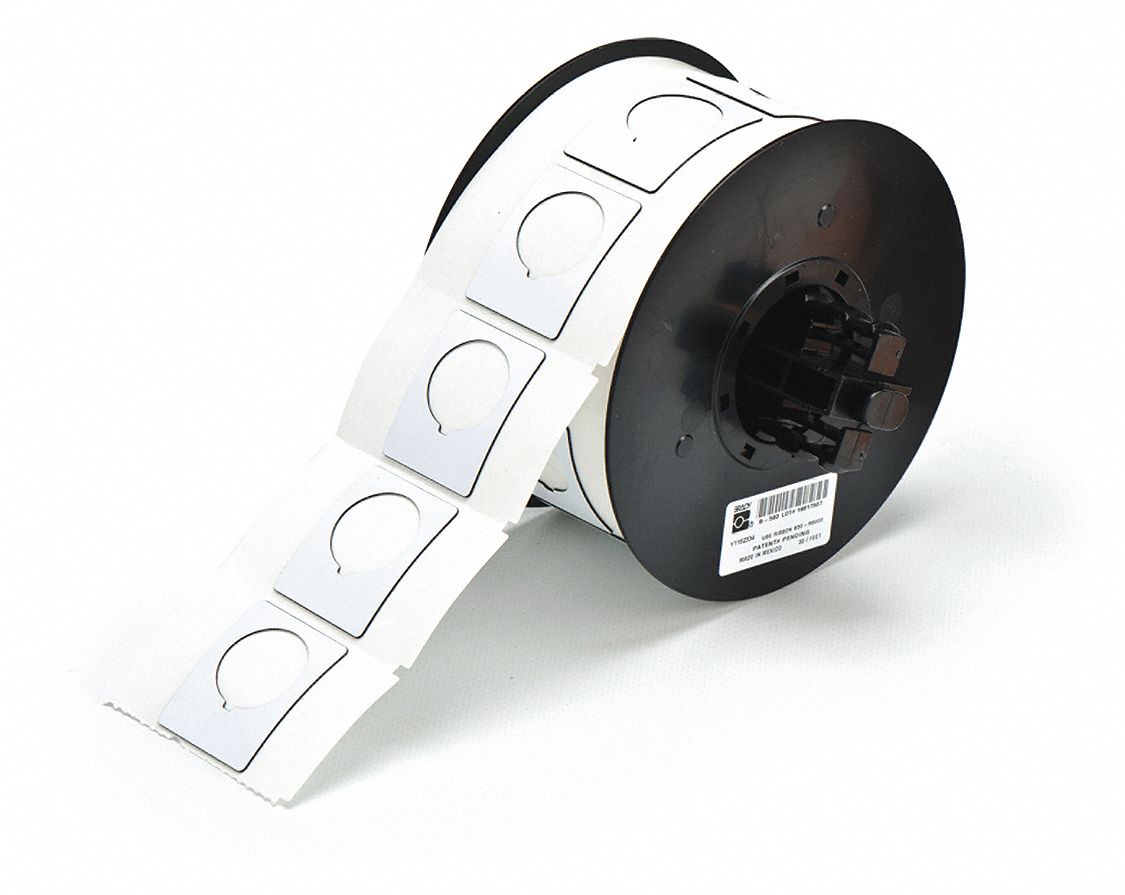 PRECUT LABEL ROLL, CIRCLE WITH NOTCH, 1&frac12; IN X 1 13/64 IN, POLYESTER, WHITE, GLOSS, ADHESIVE