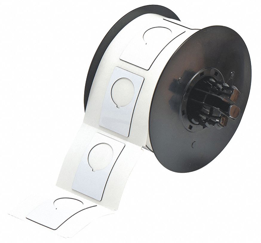 PRECUT LABEL ROLL, CIRCLE WITH NOTCH, 1 29/32 IN X 1 13/64 IN, POLYESTER, WHITE, GLOSS, ADHESIVE