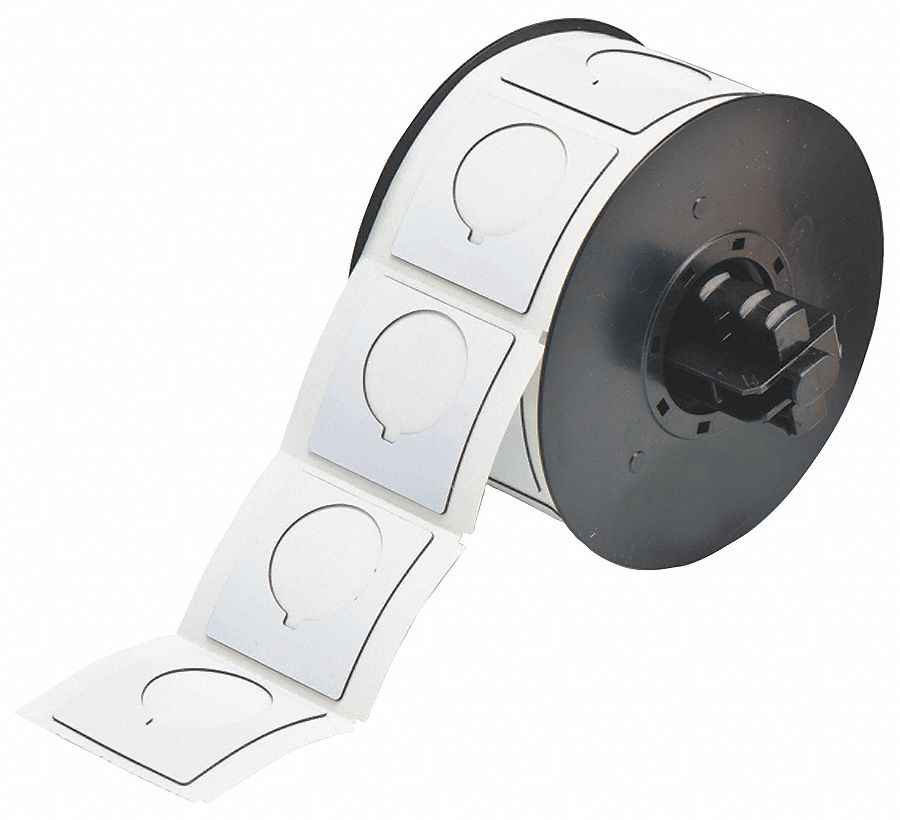 PRECUT LABEL ROLL, CIRCLE WITH NOTCH, 1 51/64 IN X 1 51/64 IN, POLYESTER, WHITE, GLOSS, ADHESIVE