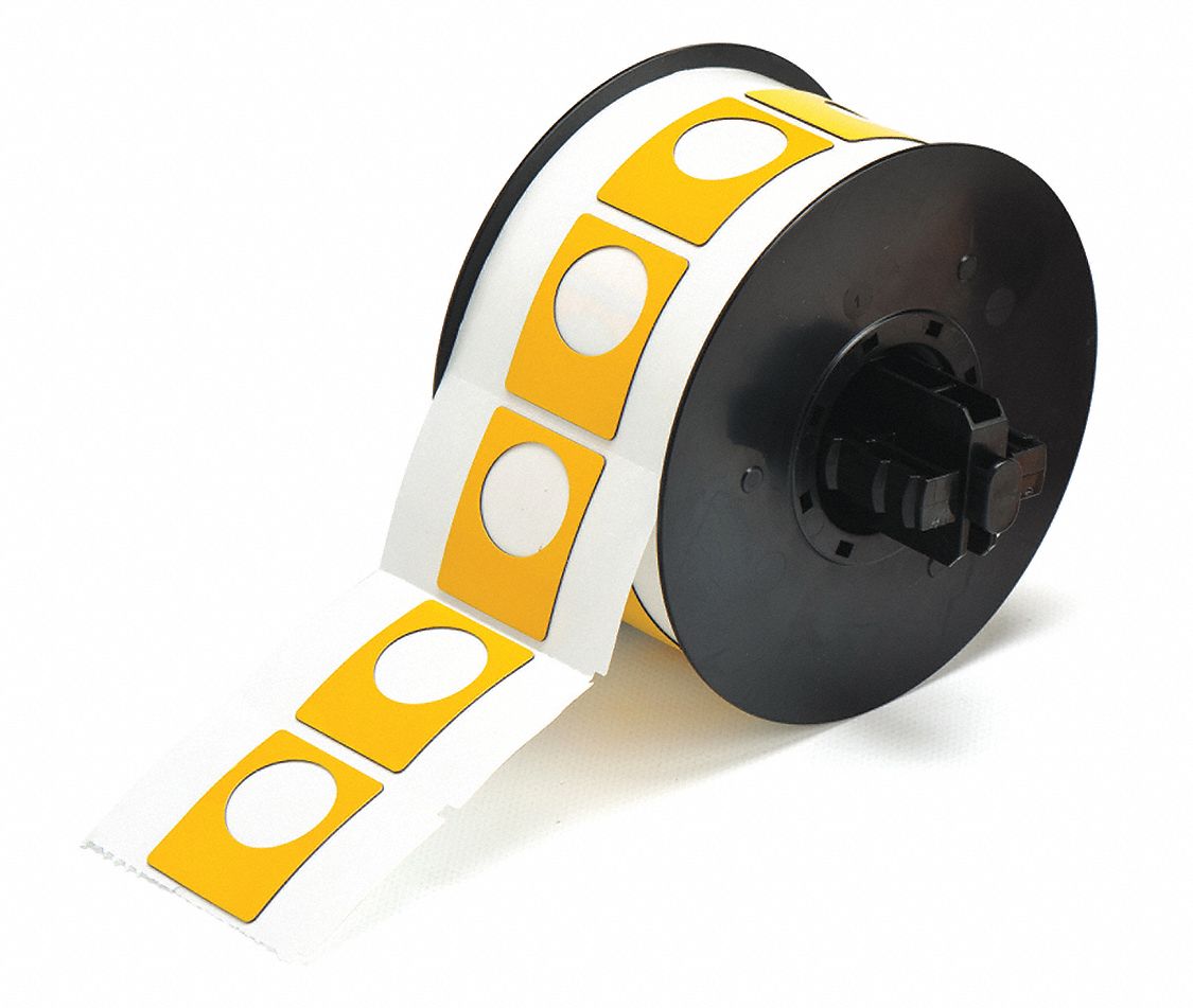 Pre-Cut Label Stock Roll: 1 1/2 in x 1 13/64 in, Polyester, Yellow (Gloss), 200 Labels per Roll