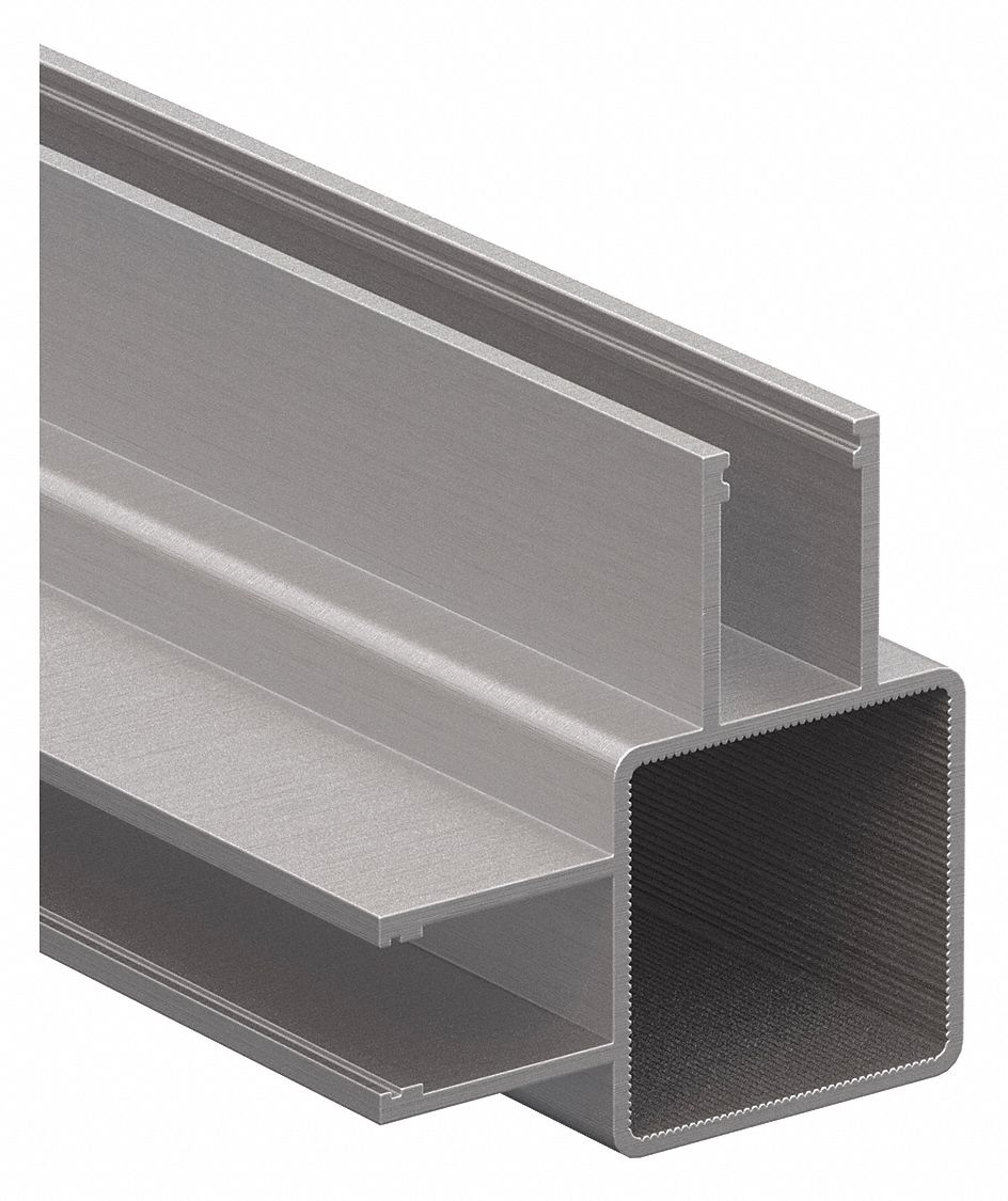 Double-Flanged Square Tube Profile: 1 in x 1 in, 4 ft Lg, 2 Open Slots, Aluminum, 5/16 in Slot Wd