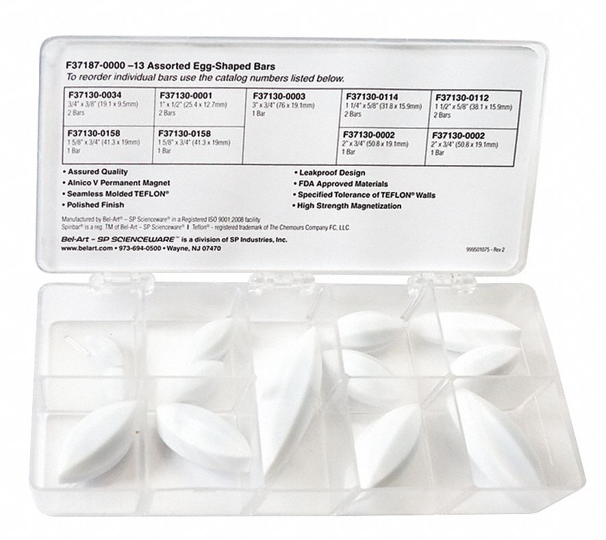 Stirring Bar Kit: Egg, Alnico, 19.05 mm_25.4 mm_31.75 mm_38.1 mm_41.28 mm_50.8 mm Overall Lg, White