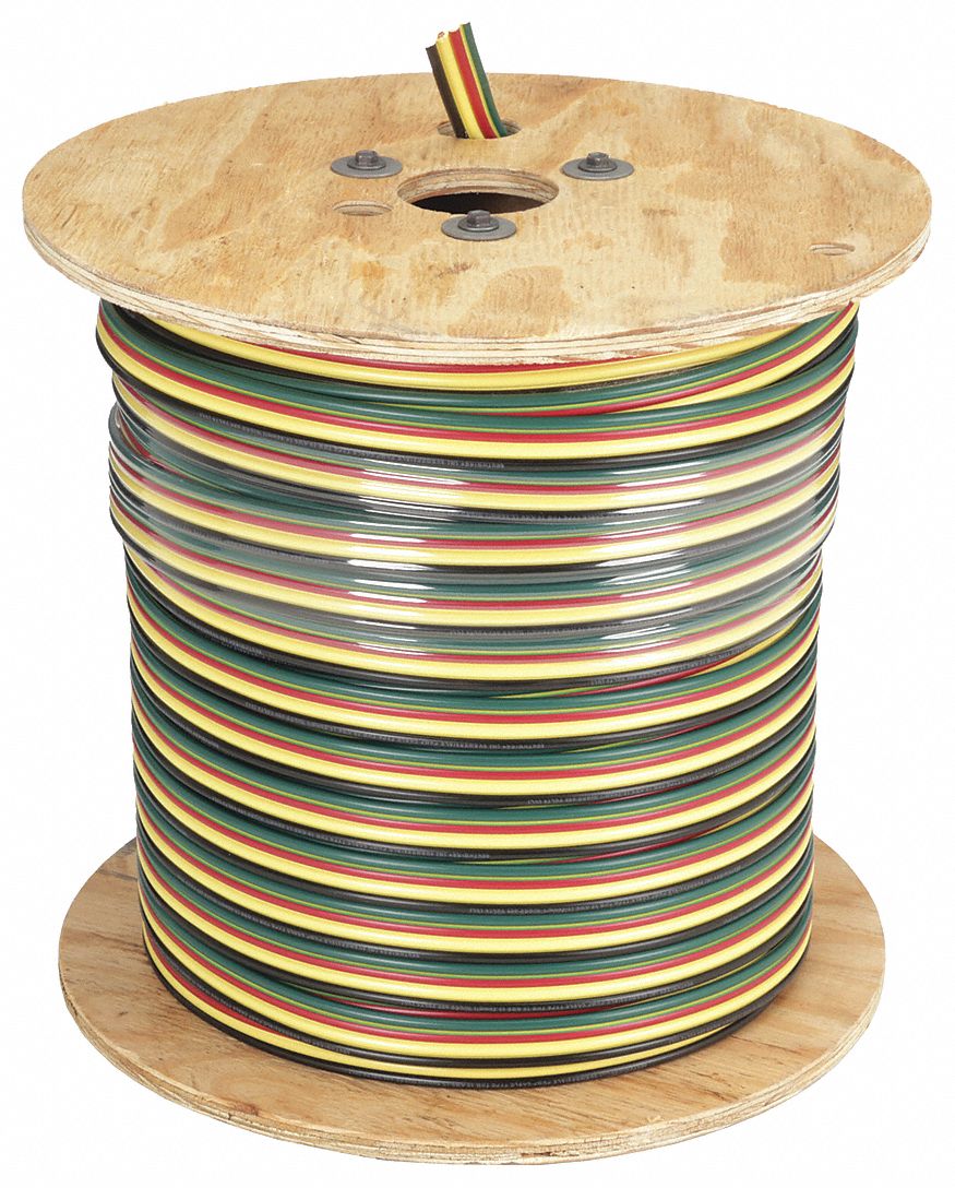 Flat Submersible Pump Cable: 600 V, 3 Conductors, 500 ft Lg, 10 AWG, Black/Red/Yellow